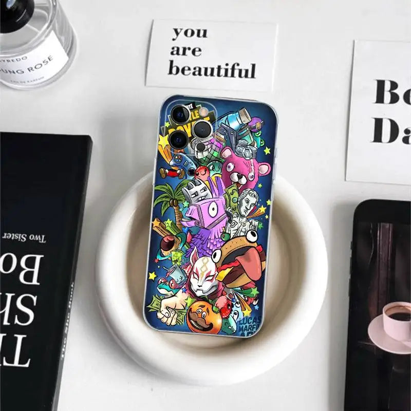 Capa de Telemóvel em TPU Macio Transparente Estilo Cartoon B-Battle-R-Royales-F-FortniteS para iPhone 17 16 15 14 13 12 11 Pro Max Plus