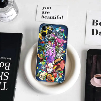 Capa de Telemóvel em TPU Macio Transparente Estilo Cartoon B-Battle-R-Royales-F-FortniteS para iPhone 17 16 15 14 13 12 11 Pro Max Plus