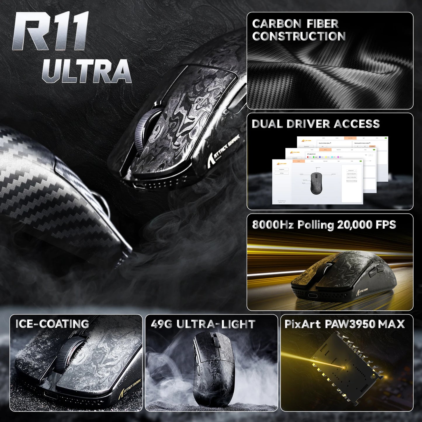 ATTACK SHARK R11 ULTRA hiilikuituinen langaton pelihiiri, 8000Hz, PAW3950MAX, 42000DPI, kevyt 49g, 20000FPS, Nordic 52840