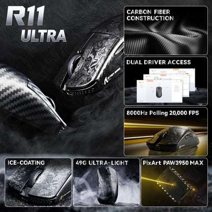 ATTACK SHARK R11 ULTRA hiilikuituinen langaton pelihiiri, 8000Hz, PAW3950MAX, 42000DPI, kevyt 49g, 20000FPS, Nordic 52840