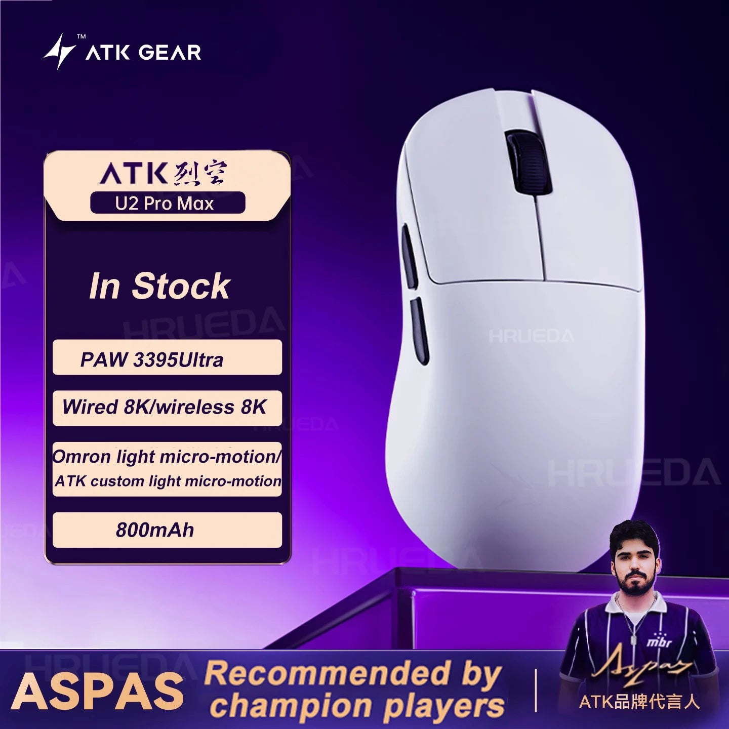 NEW ATK U2 V2 Mini Ultimate Wireless Gaming Mouse Tri-model Lightweight PAW3950 Ultra 8KHz 500mAh Custom Ergonomic E-sports Mouse