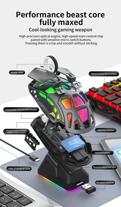 Mouse da gaming leggero Lenovo Tri-Mode con dock di ricarica RGB 12000DPI 2.4G/Bluetooth/cablato mouse ergonomico per PC laptop