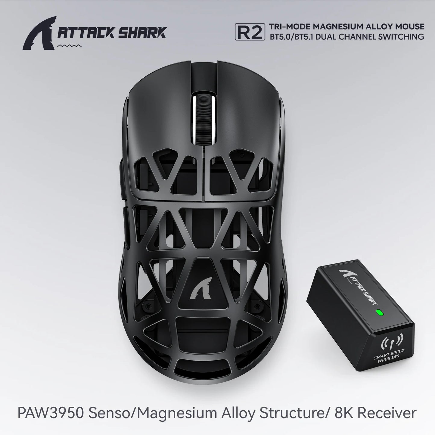 Attack Shark R2 bezdrôtová herná myš PAW3950 8K z horčíkovej zliatiny, ľahká herná myš Bluetooth Tri-Mode na hranie/prácu v kancelárii