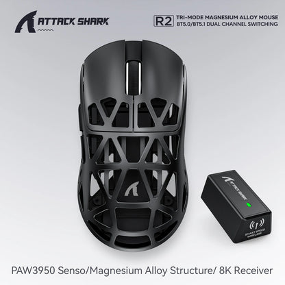 Attack Shark R2 bezdrôtová herná myš PAW3950 8K z horčíkovej zliatiny, ľahká herná myš Bluetooth Tri-Mode na hranie/prácu v kancelárii