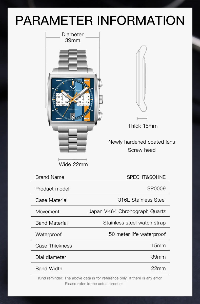 Specht & Söhne New Hot Watches Men Luxury Brand Male Japan VK64 Chronograph Trendy Sport Wristwatch Waterproof