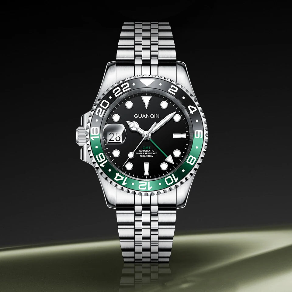 Orologio da uomo GUANQIN GMT 2025, nuovo orologio automatico da uomo NH34, meccanico da polso, vetro zaffiro, acciaio inox, per mancini