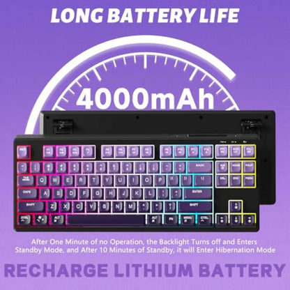 Teclado Gaming Sem Fios Free Wolf M87 75% - Switches Silenciosos, Retroiluminação Rainbow, BT/2.4G, Teclas PBT em Degradé, Design Compacto