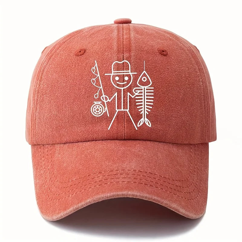 Printed cartoon man fishing baseball cap, outdoor curved brim cap, truck driver cap, vacation travel camping