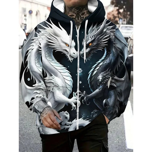 Sudadera con capucha para hombre con estampado de dragón, cremallera y cordón, de manga larga, oversize, para actividades al aire libre y viajes, otoño e invierno