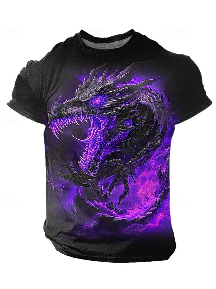 2024 zomer streetstyle heren-T-shirt, urban everyday casual top met korte mouwen, 3D-drakenprint, outdoor heren-T-shirt