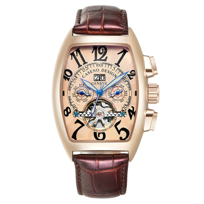 CASENO Top Luxury Brand Men's Fully Automatic Mechanical Tourbillon Watch Calendar Night Glow Tonneau Skeleton Watch -577G