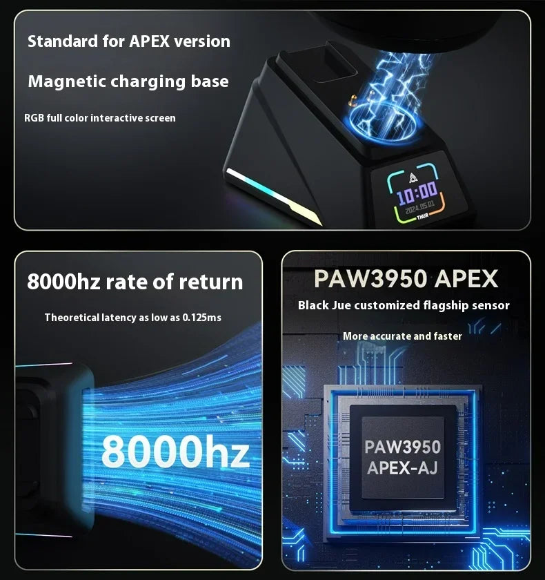 AJAZZ AJ179 APEX Gaming-Maus mit Dock mit Farbdisplay, magnetischem Laden, 8000Hz Hochfrequenz /, Tri-Mode (PAW3950), Rechtshänder