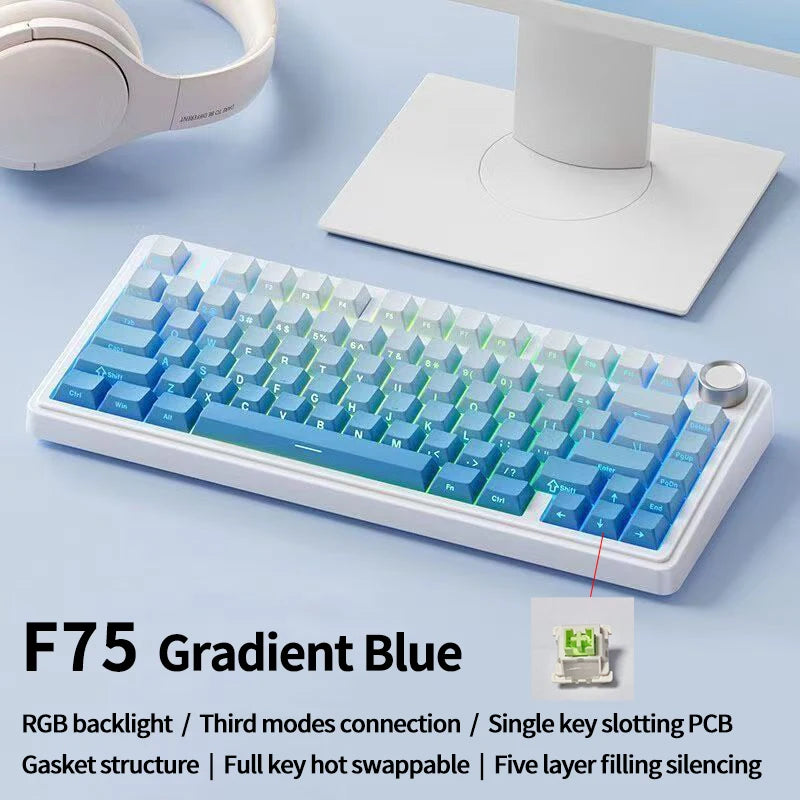 Teclado mecânico gaming AULA F75 RGB personalizado, layout 75%, gravação lateral, montagem gasket, 80 teclas, keycaps PBT em gradiente