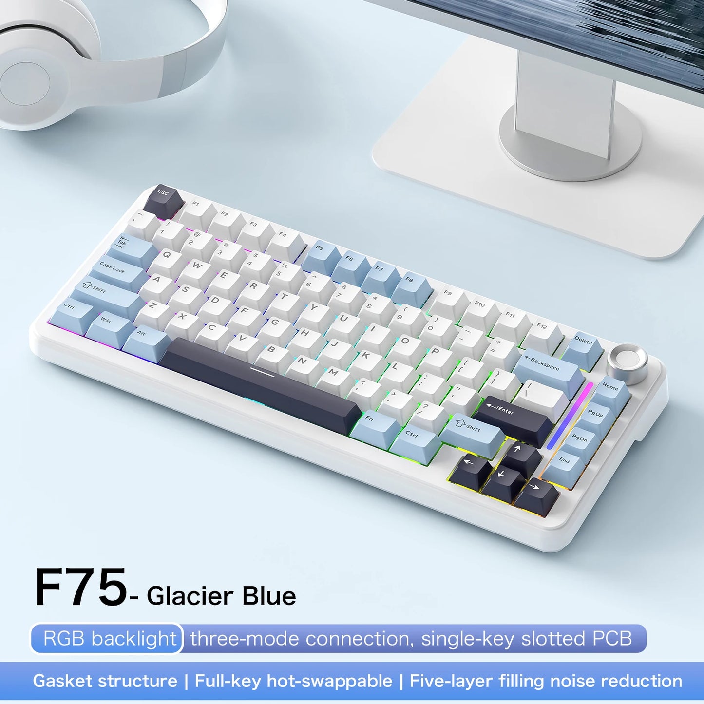F75 Mechanical Keyboard FREEWOLF 81 Keys Layout Metal Knobs PBT Keycaps, Fully Hot-swappable Keys RGB Multi-color Backlighting