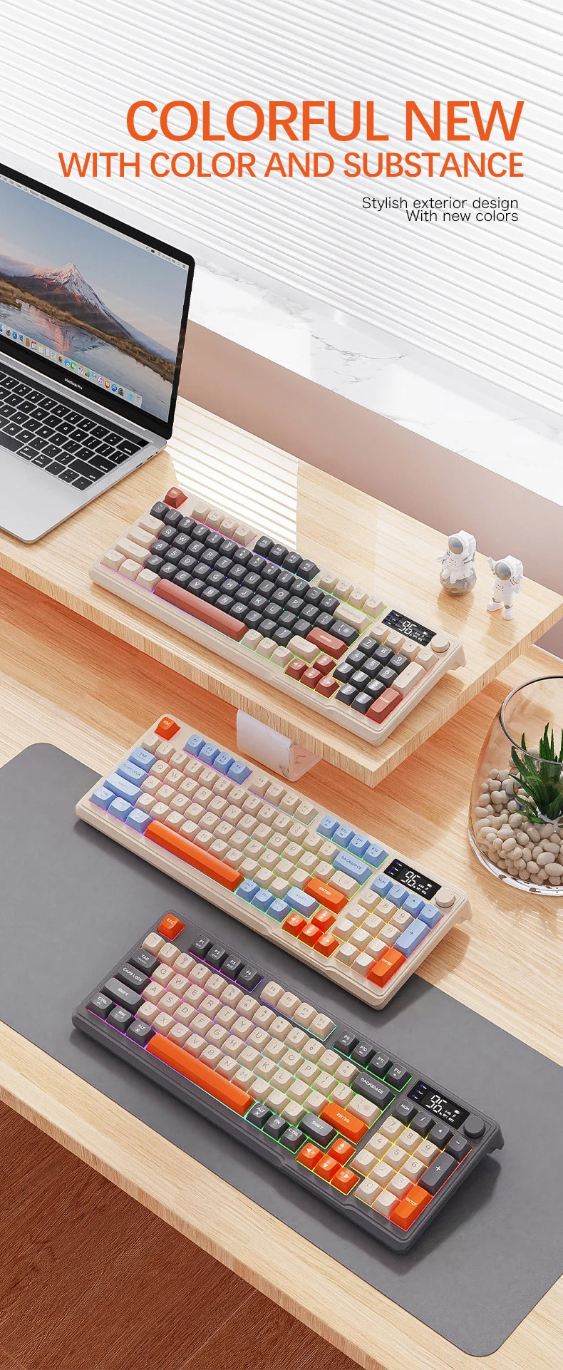 M96 Bluetooth Wireless Keyboard FREEWOLF Digital Display, RGB Backlight, 2000mAh Battery & PBT Keycaps for PC/Laptop