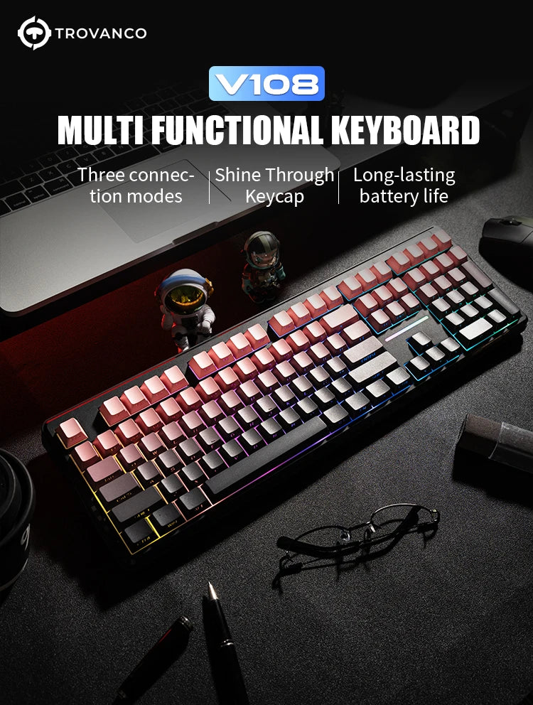 V108 Pro Bluetooth Keyboard Office Low Noise 2.4G Wired & Wireless Full Layout with RGB Backlit Membrane