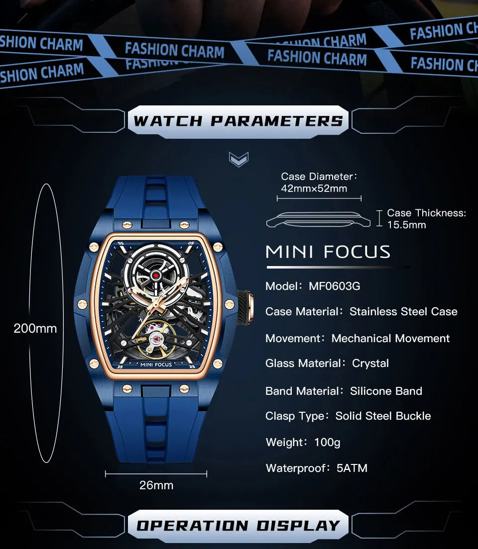 MINI FOCUS Herren-Armbanduhr, modisch, schwarz, wasserdicht, automatische mechanische Uhr mit Leuchtzeigern, Silikonarmband und Tonneau-Zifferblatt