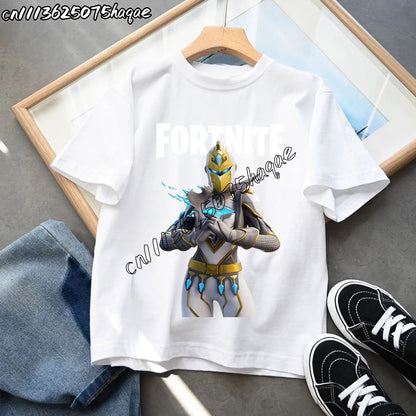 T-shirts Infantis Fortnite Novidade de Verão, T-shirt com Figura de Desenho Animado, Estampado Gráfico, Casual e Desportivo, Manga Curta, Tops Desportivos para Criança, Roupa para Rapazes