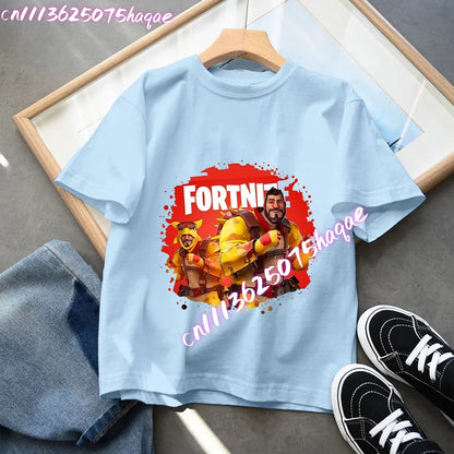 T-shirt azul de algodão Fortnite para criança, camisola de manga curta Fortress Night para bebé, top kawaii com desenho animado para menino e menina, roupa de verão, prenda