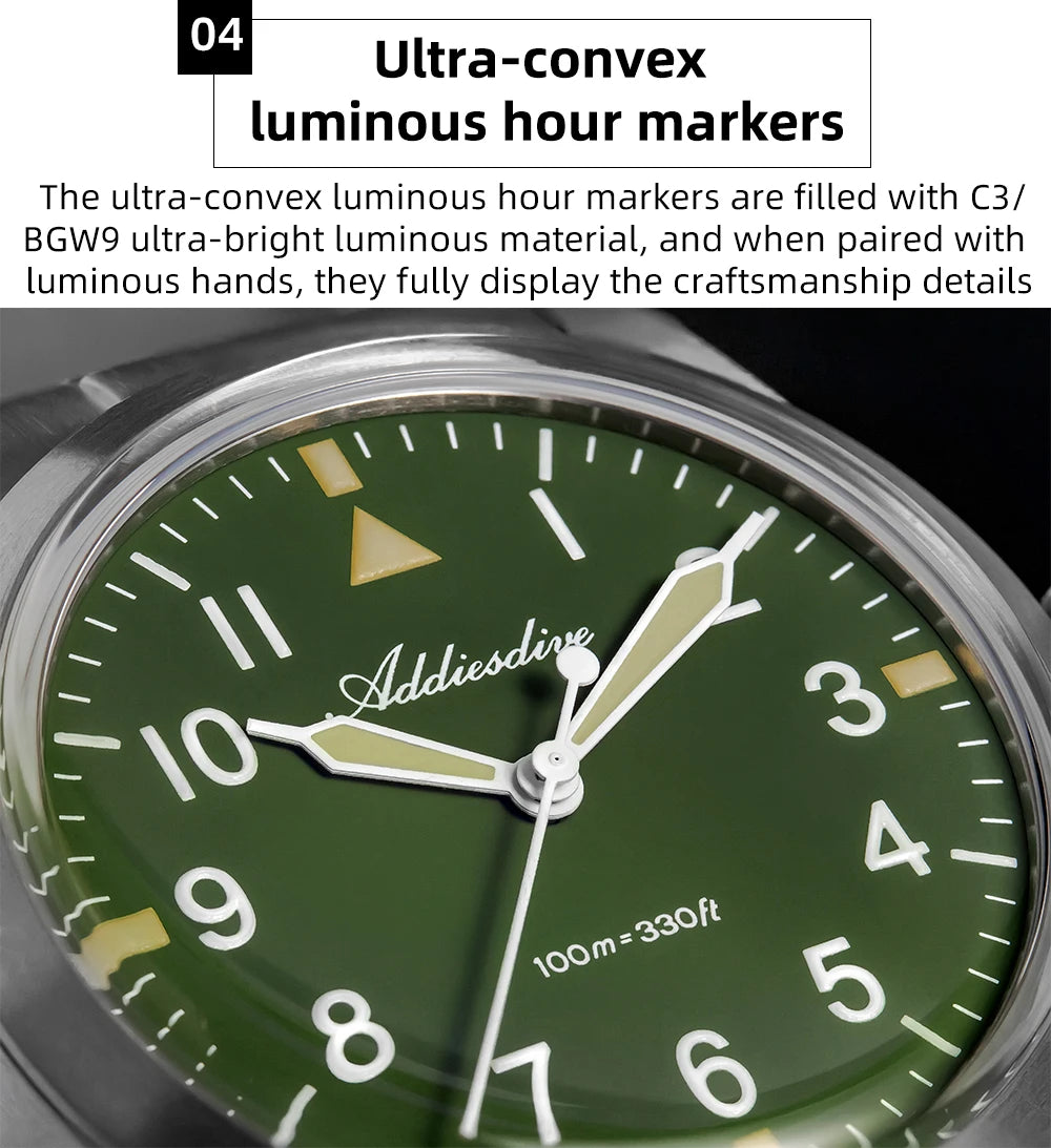 ADDIESDIVE 36mm AD2502 Watch For Men 100M Waterproof Titanium Alloy VH31 Movement Bubble Mirror Glass Luminous Quartz Watches