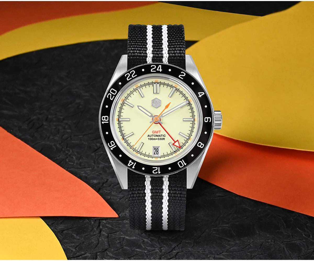 Orologio da uomo automatico San Martin 39.5mm Limited Edition con quadrante Full Lume, NH34 GMT, data a ore 6, 10Bar, Kol Saati di lusso SN0116W