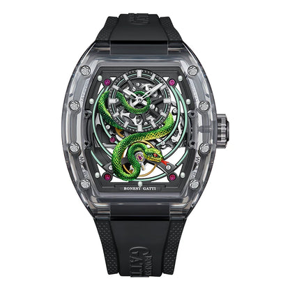 BONEST GATTI Men Mechanical Watch Sapphire Crystal Double Sided Hollow Out Luminous 30M Waterproof Snake Pattern Dial Wristwatch