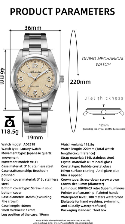 Reloj para hombre ADDIESDIVE AD2518 de 36mm en oferta destacada, cristal de espejo abombado, acero inoxidable 316L, cuarzo, resistente al agua 100m