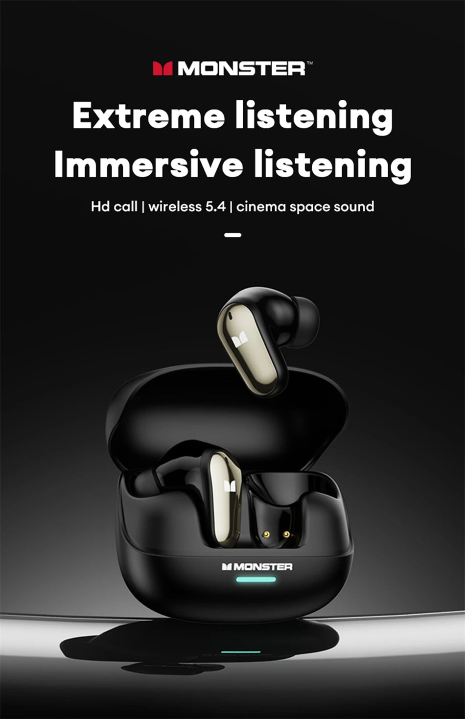 Monster MQT52 kabellose Bluetooth 5.4-Ohrhörer mit langer Akkulaufzeit, Gaming-Kopfhörer im Dual-Modus, Hi-Fi-Stereoklang-Headset mit Mikrofon