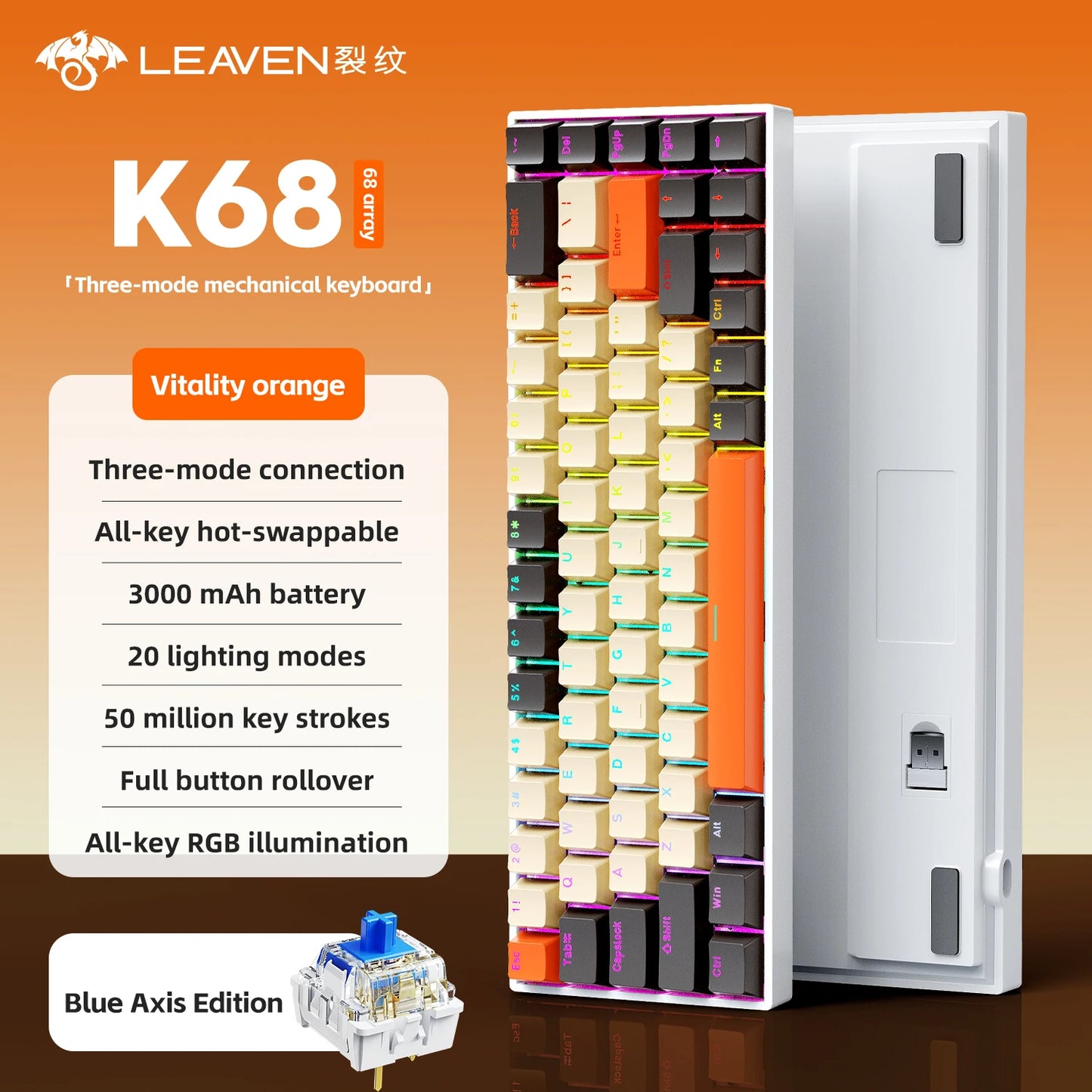 K68 68Key Wireless Mechanical Keyboard Tri-mode Connection, Full Key Hot Swap, RGB lighting Effects, L