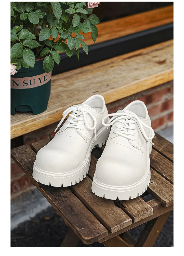 Thick Sole Casual Genuine Leather Dress Shoes Men Platform Heighten Japan Harajuku Korean Streetwear Fashion Shoes White