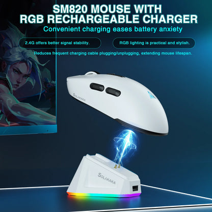 Solakaka SM820 Tri-Mode Wireless Mouse Magnetic Rechargeable Dock RGB PAW3311 24000DPI Wireless Macro Gaming Mouse Ultra-Light