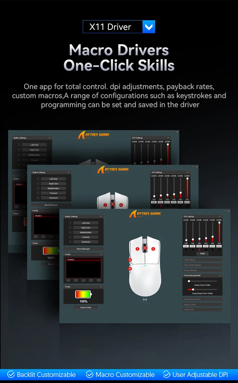 Mouse da gaming ATTACK SHARK X11 e mouse wireless X11 SE 22000 DPI, sensore PAW3311, BT/2.4G/cablato, ultraleggero 59g, 2000W clic