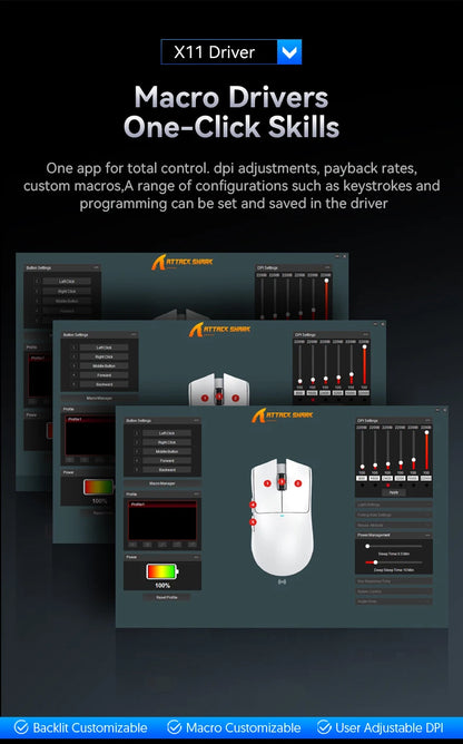 Mouse da gaming ATTACK SHARK X11 e mouse wireless X11 SE 22000 DPI, sensore PAW3311, BT/2.4G/cablato, ultraleggero 59g, 2000W clic