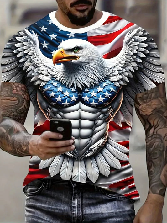 Camiseta patriótica para hombre con estampado 3D de águila, cuello redondo, manga corta y estilo casual, ideal para moda de verano y actividades al aire libre
