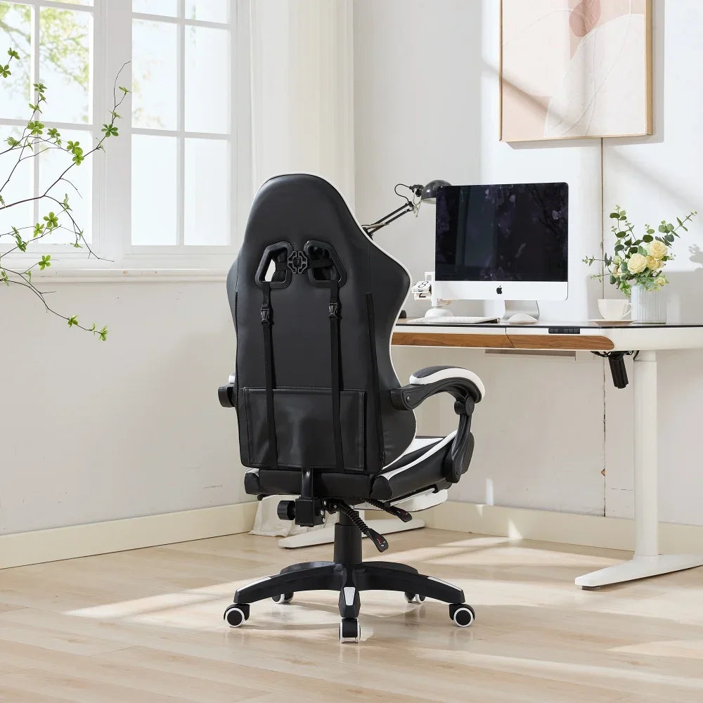 360 ° - Swivel Ergonomic Racing Design Gaming Chair Leather High Back Office Chair Height Adjustable Task Chair, Black&White