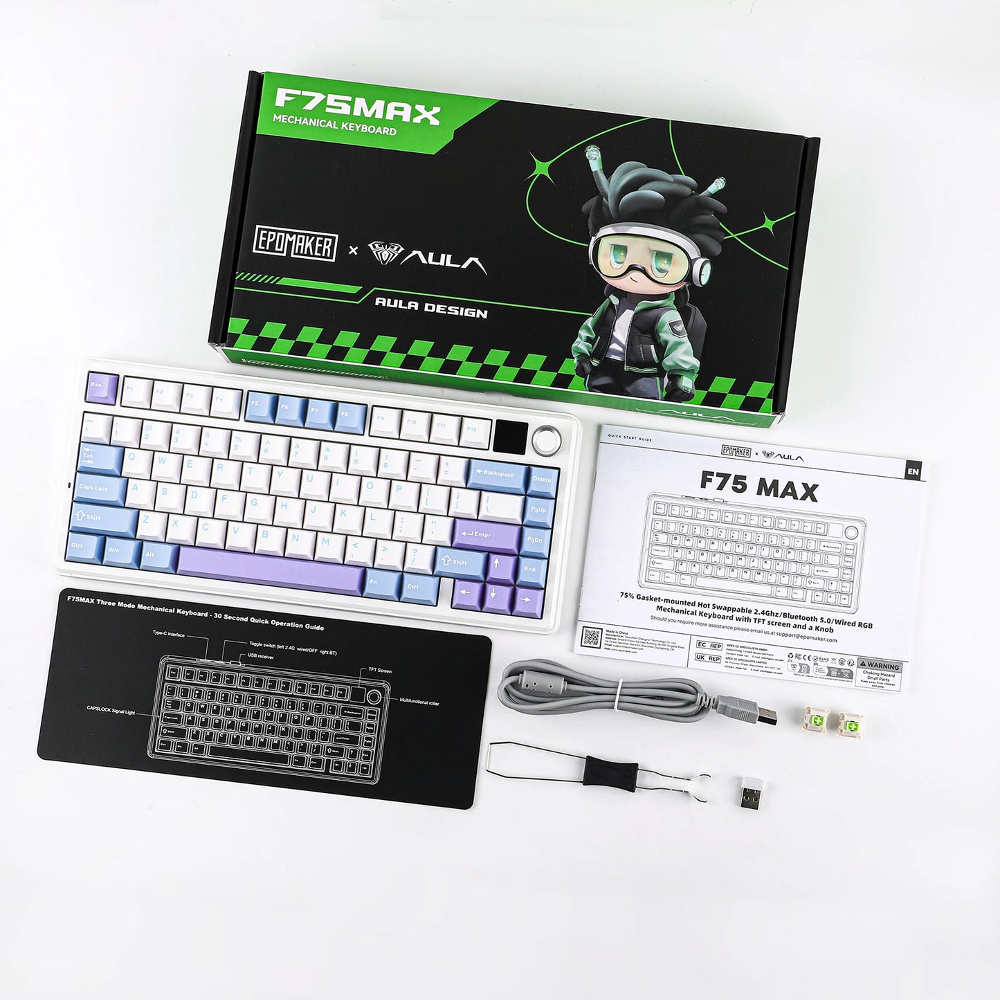Teclado mecânico sem fios EPOMAKER X AULA F75 MAX Compact 75% ANSI Layout com ligação com fios/Bluetooth/2.4GHz, ecrã TFT e botão rotativo
