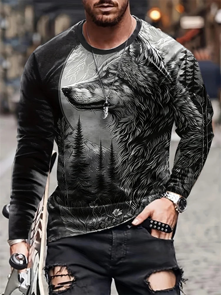 2024 New Wolf Print Men's Long Sleeve T-shirt Spring And Autumn Men's Daily Casual Shirt Street Fashion Men's Long Sleeve T-shir