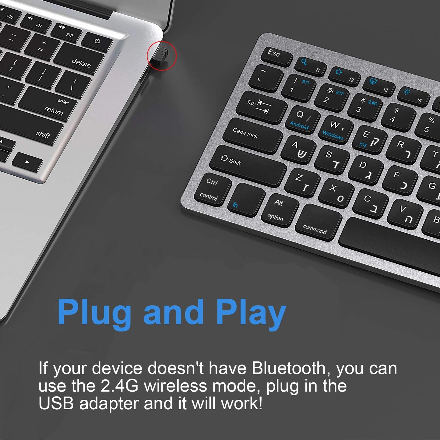 Teclado sem fios com disposição hebraica e inglesa, Bluetooth e 2.4G, modo duplo, fino, compacto e ergonómico, para Windows, iOS e Android
