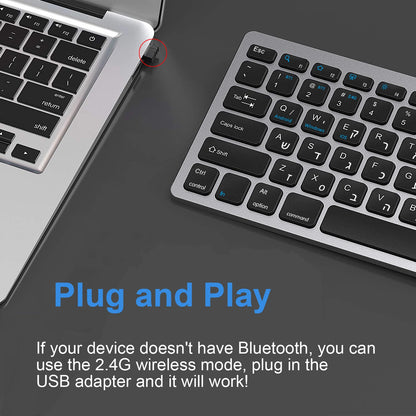 Teclado sem fios com disposição hebraica e inglesa, Bluetooth e 2.4G, modo duplo, fino, compacto e ergonómico, para Windows, iOS e Android