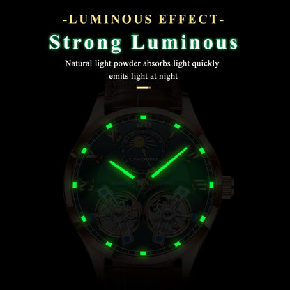 CAREKISO Fashion Men Clock Double Hollow Tourbillon Automatic Mechanical Man Watch Waterproof Luminous Leather Men's Watches+Box