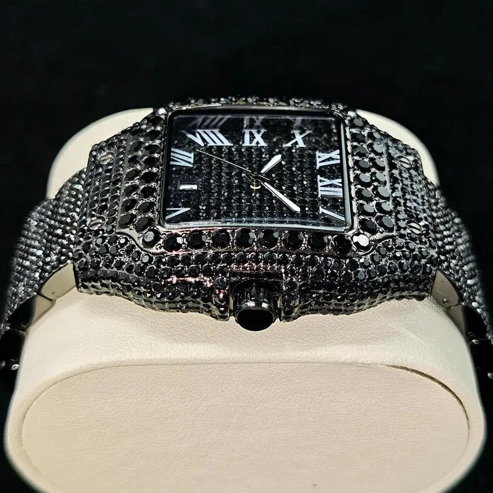 Green Diamond Watch For Men Brand UNIGUET Fashion Roman Literal Quartz Clock Man Hip Hop Iced Jewelry Square Wristwatch 2025 New
