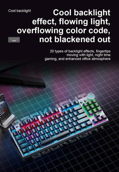 AULA F3001 Mechanical Keyboard Bluetooth Wireless Three Mode Metal Panel Two-color Injection Molding Cool Backlight Effect 87 Key