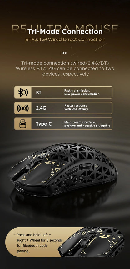 Rato Gaming Sem Fios ATTACK SHARK R5 Ultra Carbon Fiber, Sensor Gaming PixArt PAW3950MAX, 42000DPI, 8000Hz, MCU Nordic 52840