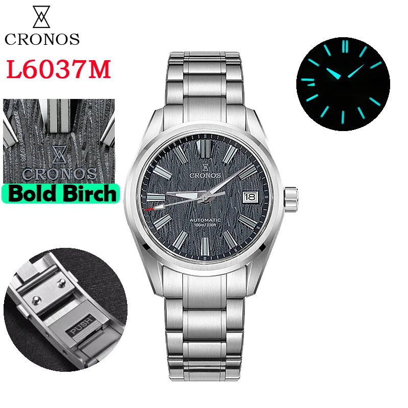 Cronos Men's Watch 39mm Automatic Wristwatch White Dial Solid Links Sapphire 10 ATM L6037M