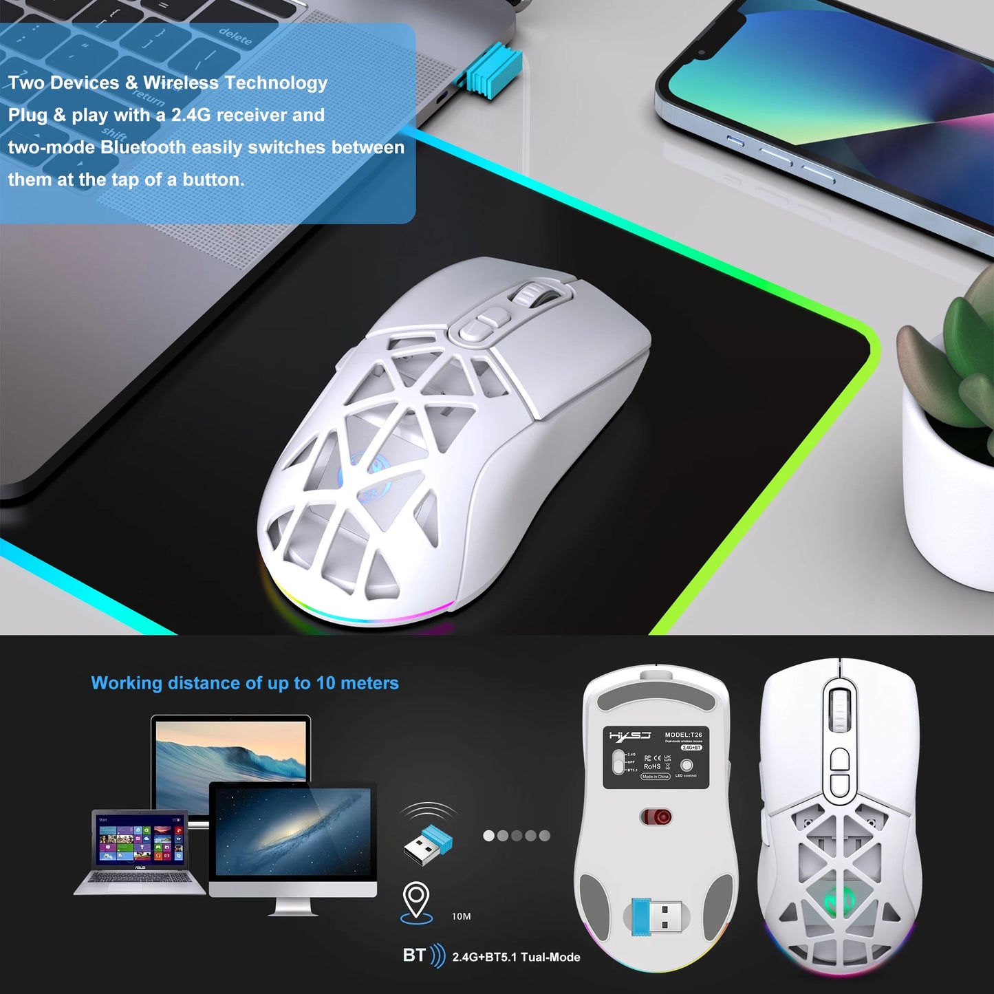 HXSJ T26 kétmódú gaming egér, 2.4G+BT5.1 vezeték nélküli gamer egér laptophoz, 4800DPI állítható, ergonomikus optikai számítógépes gamer egér