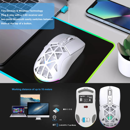 HXSJ T26 kétmódú gaming egér, 2.4G+BT5.1 vezeték nélküli gamer egér laptophoz, 4800DPI állítható, ergonomikus optikai számítógépes gamer egér