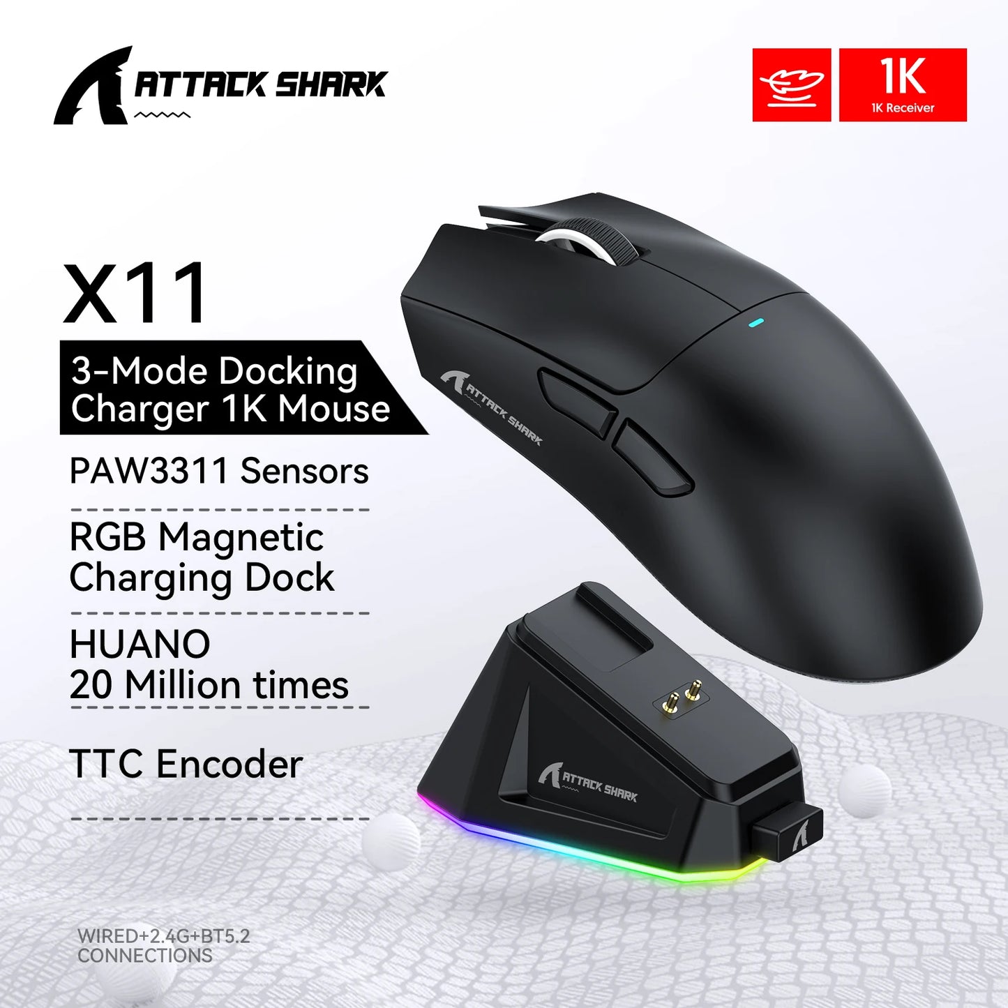 ATTACK SHARK X11 Tri-Mode Lightweight Gaming Mouse with PAW3311, 22000DPI, 400IPS, 40G, 59g, Magnetic Fast Charging, RGB Backlight