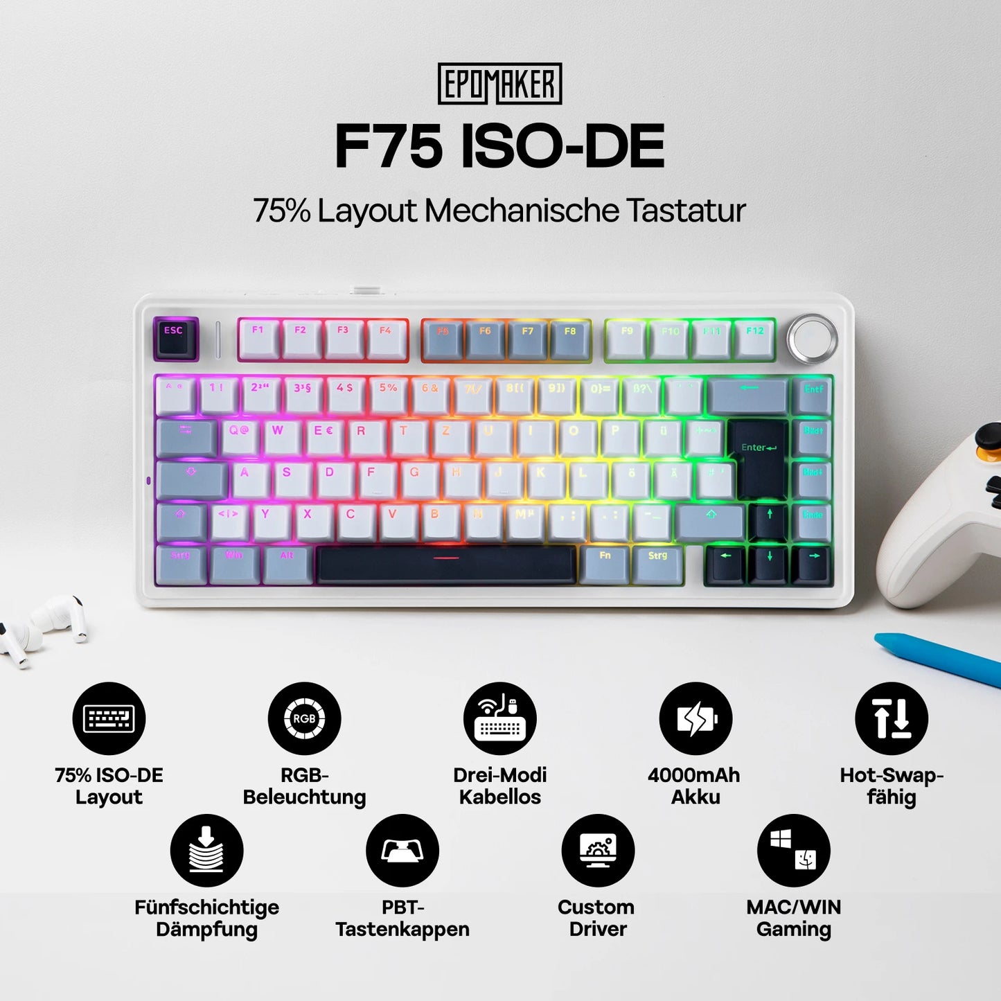 Teclado mecânico sem fios EPOMAKER x AULA F75 ISO-DE com conectividade tri-modo, layout alemão QWERTZ e bateria de 4000 mAh