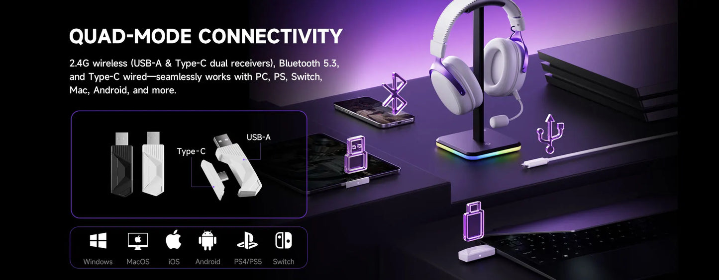AKKO Verge S9 Gaming-Headset mit Mikrofon – 53mm-Treiber, Quad-Mode Wireless Bluetooth 5.3, 7.1 Surround Sound FPS Pro Gaming-Kopfhörer