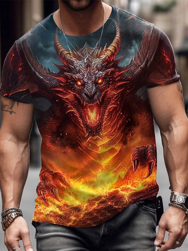 2024 zomer streetstyle heren-T-shirt, urban everyday casual top met korte mouwen, 3D-drakenprint, outdoor heren-T-shirt